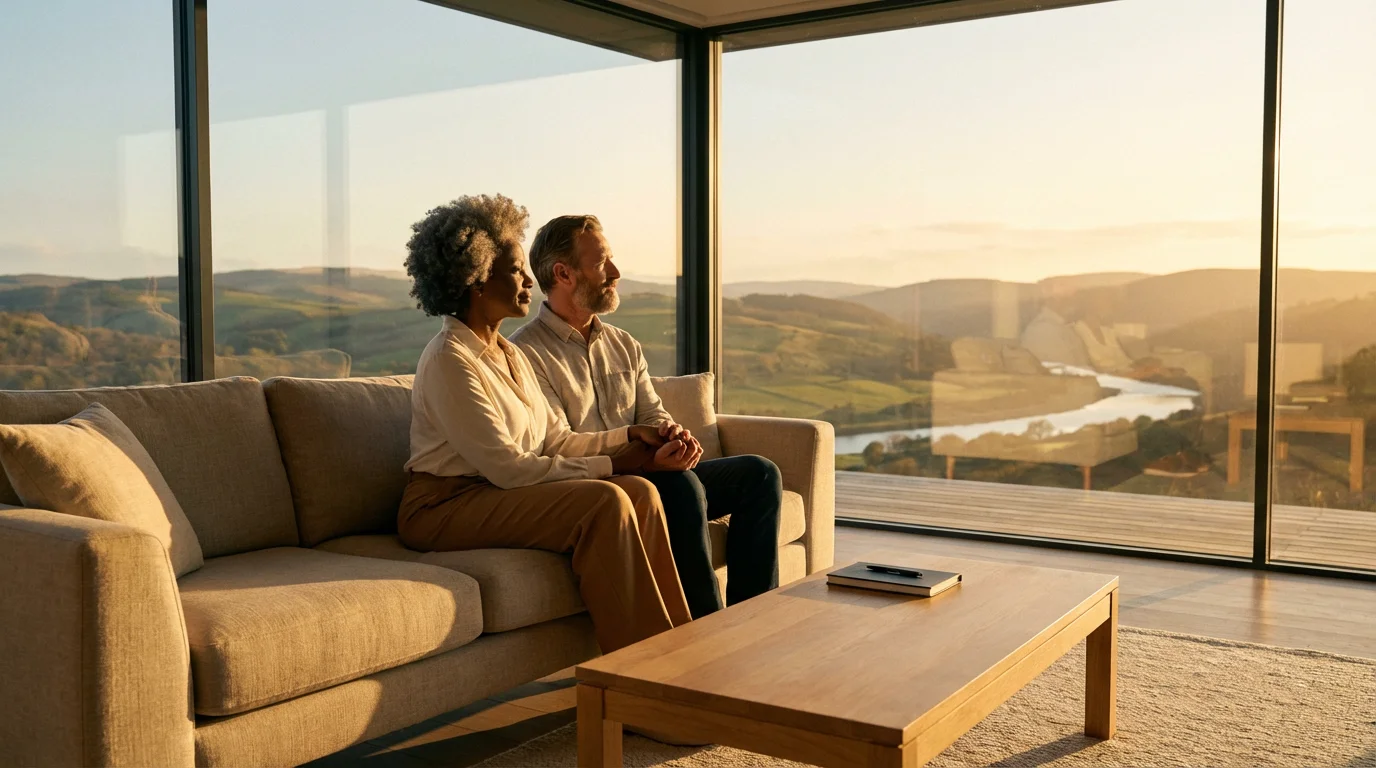 A mature couple thoughtfully plans their retirement in a modern home overlooking a sunset landscape.