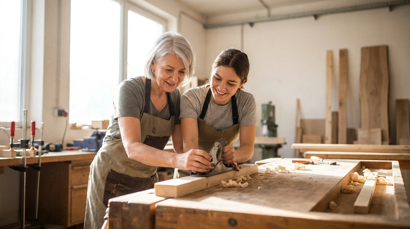 A mature female volunteer teaches a younger apprentice woodworking skills in a sunlit workshop.