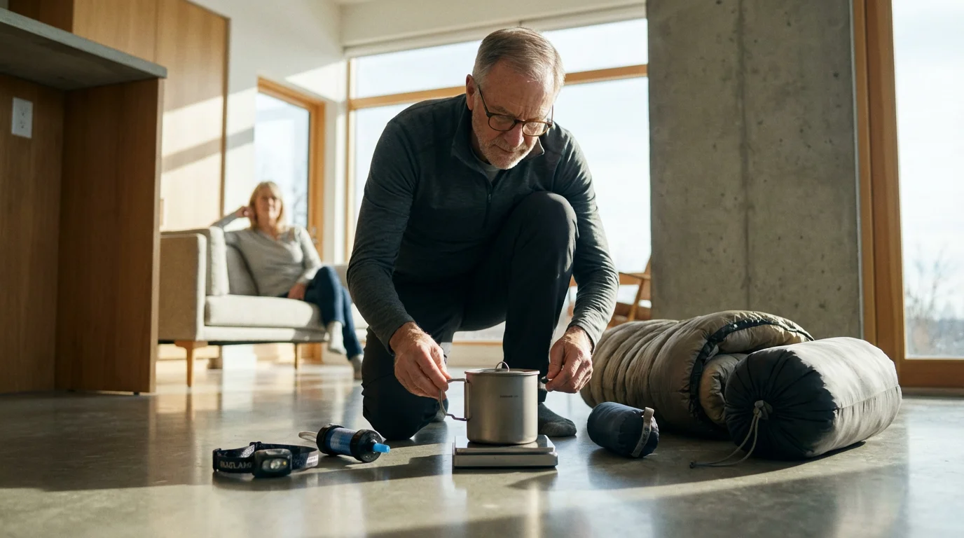 A mature man carefully weighs ultralight backpacking gear on a scale in a sunlit room.