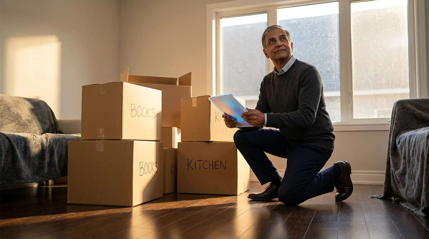 A mature man uses a tablet to organize his move amidst neatly stacked boxes.