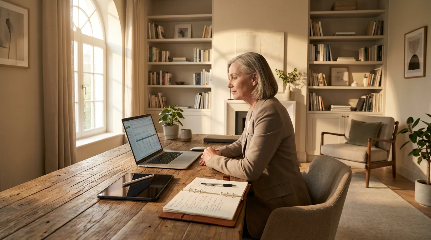 A mature woman at a desk with a laptop and tablet, fortifying her online security.