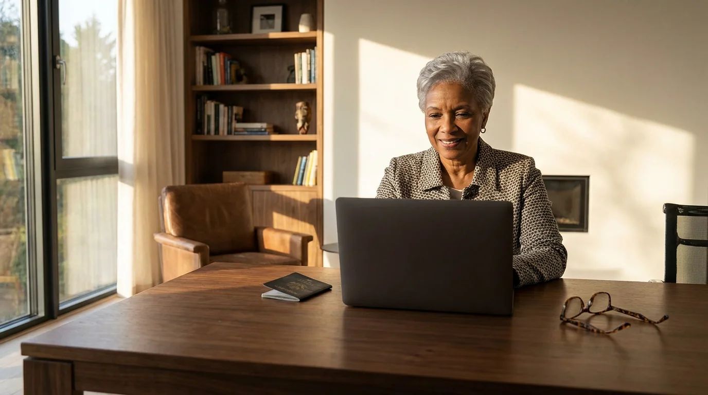 A mature woman in a sunlit room using a laptop next to a passport.