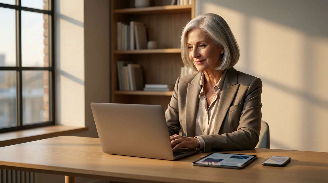A mature woman works on her laptop and tablet in a sunlit home office.