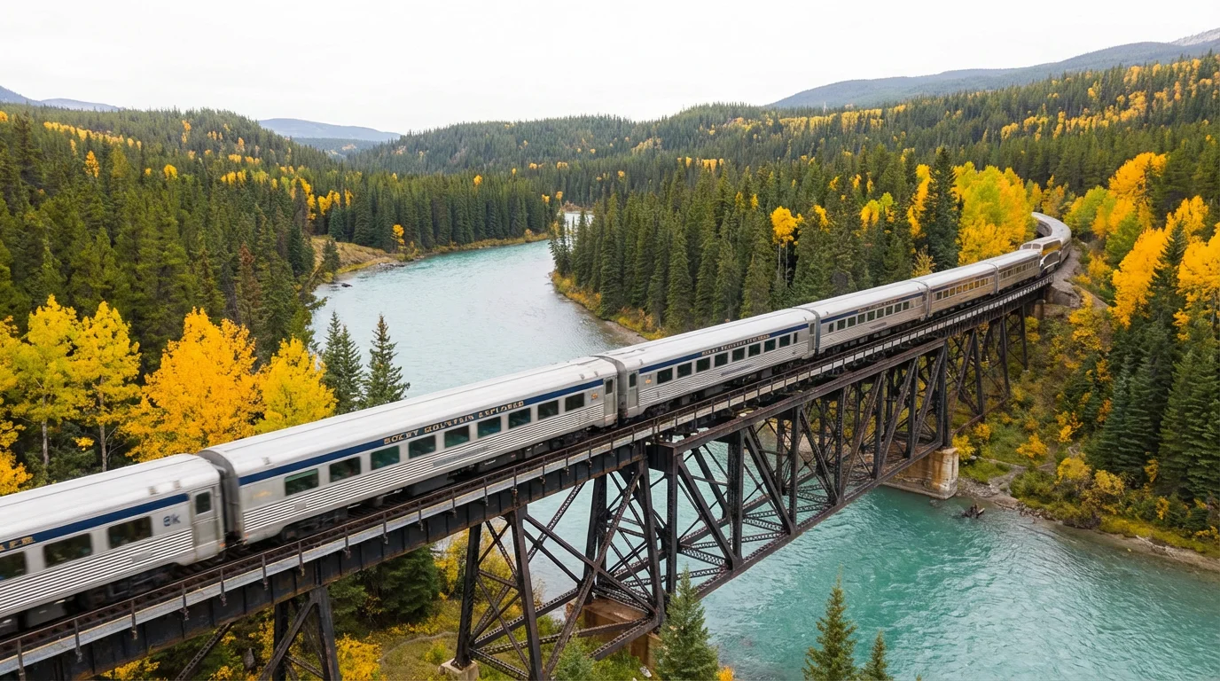 A modern passenger train crosses a high trestle bridge in a scenic mountain valley.