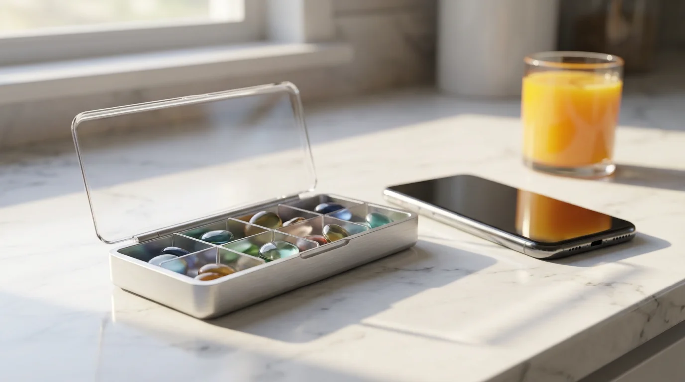 A modern pill organizer and smartphone on a kitchen counter in soft morning light.
