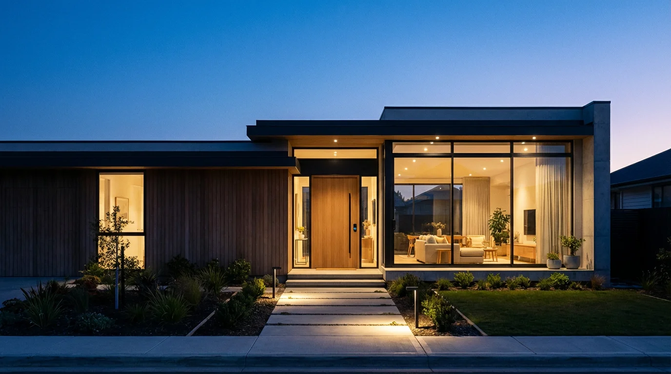 A modern, well-lit home at dusk, viewed from the outside during blue hour.