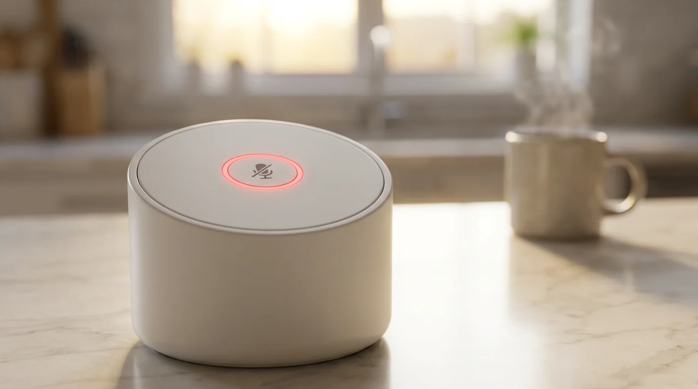 A modern white smart speaker on a kitchen counter with a red mute light on.