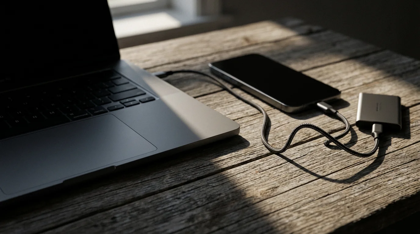 A moody, close-up macro shot of a laptop, smartphone, and portable drive.