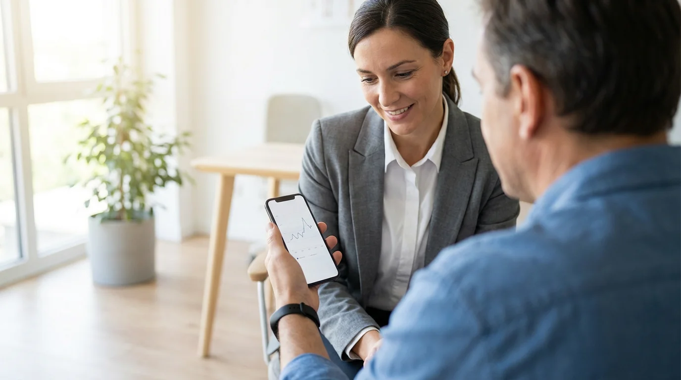 A patient shows heart data from an activity tracker on a phone to their doctor.