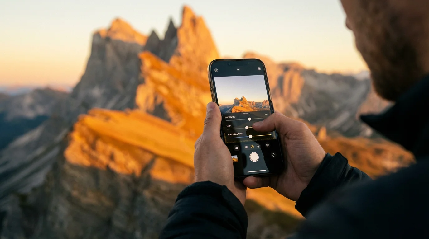 A person adjusting smartphone camera settings with a scenic mountain sunset in the background.