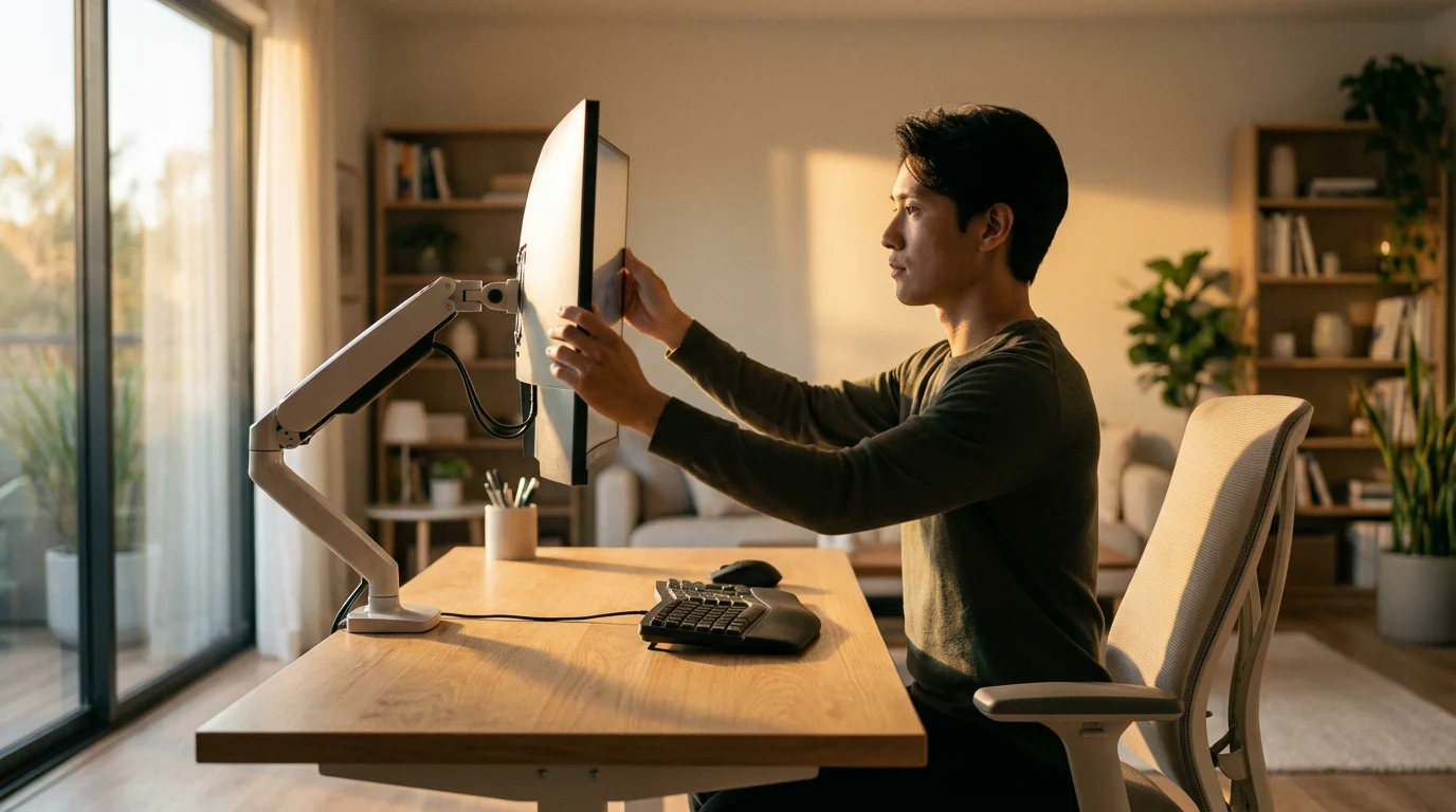 A person adjusting their monitor height in a modern, ergonomic home office at sunset.