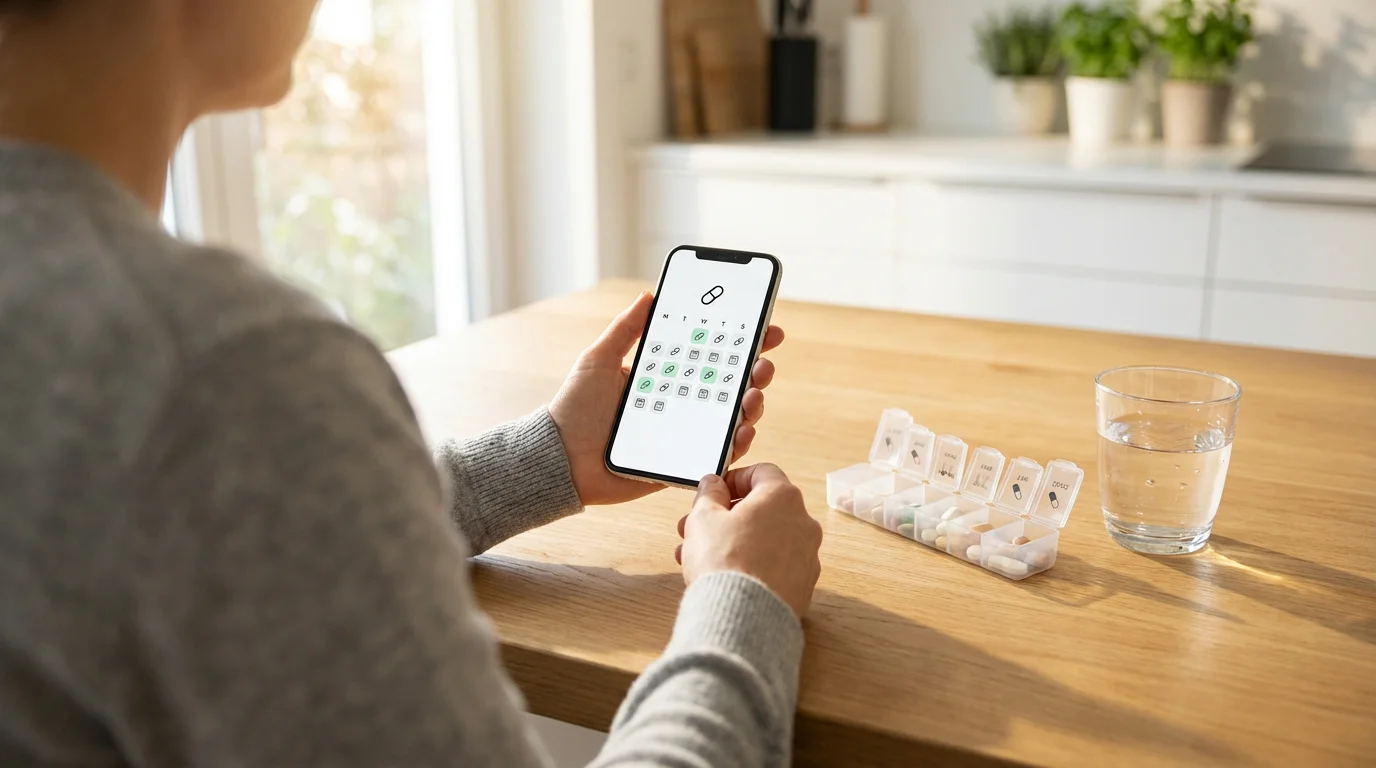 A person at a breakfast table using a health app next to a pill organizer.