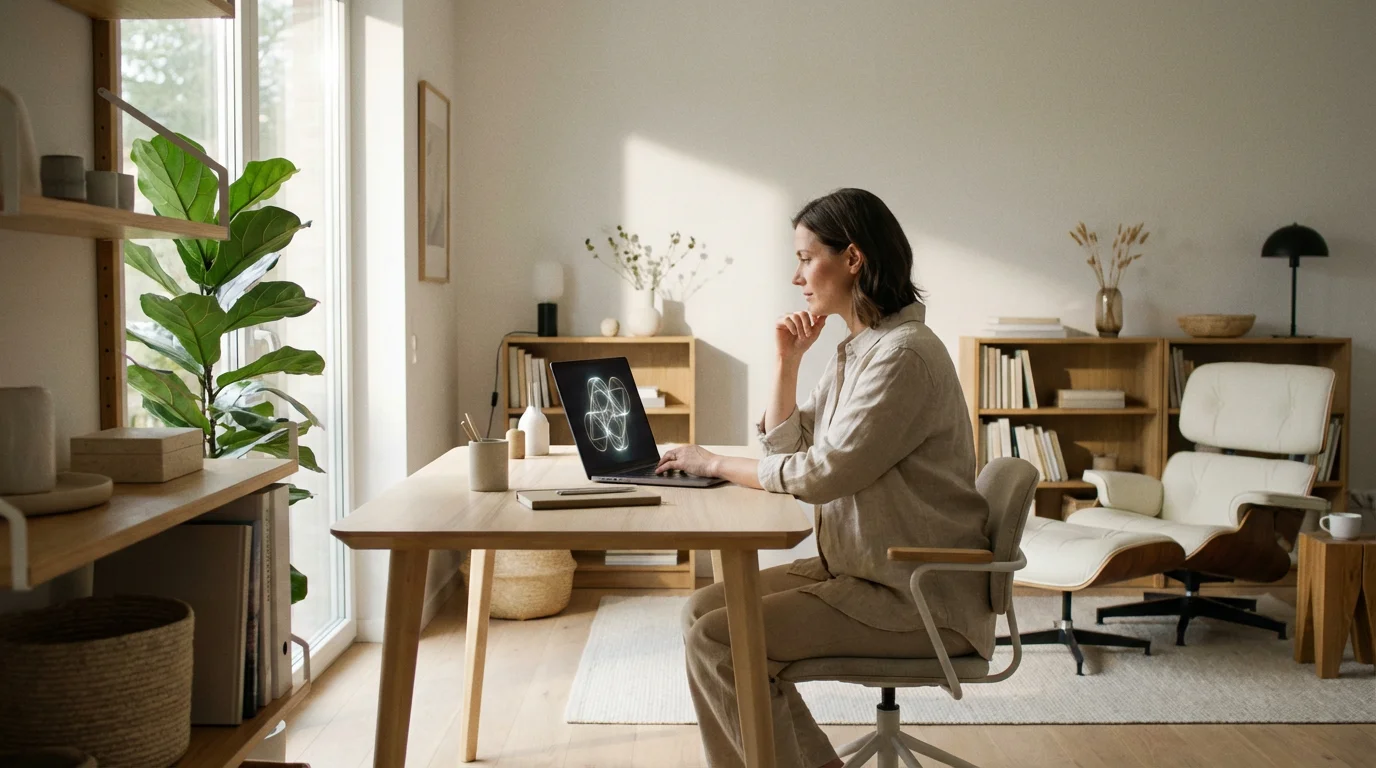 A person at a desk in a sunny home office reviewing abstract security graphics on a laptop.