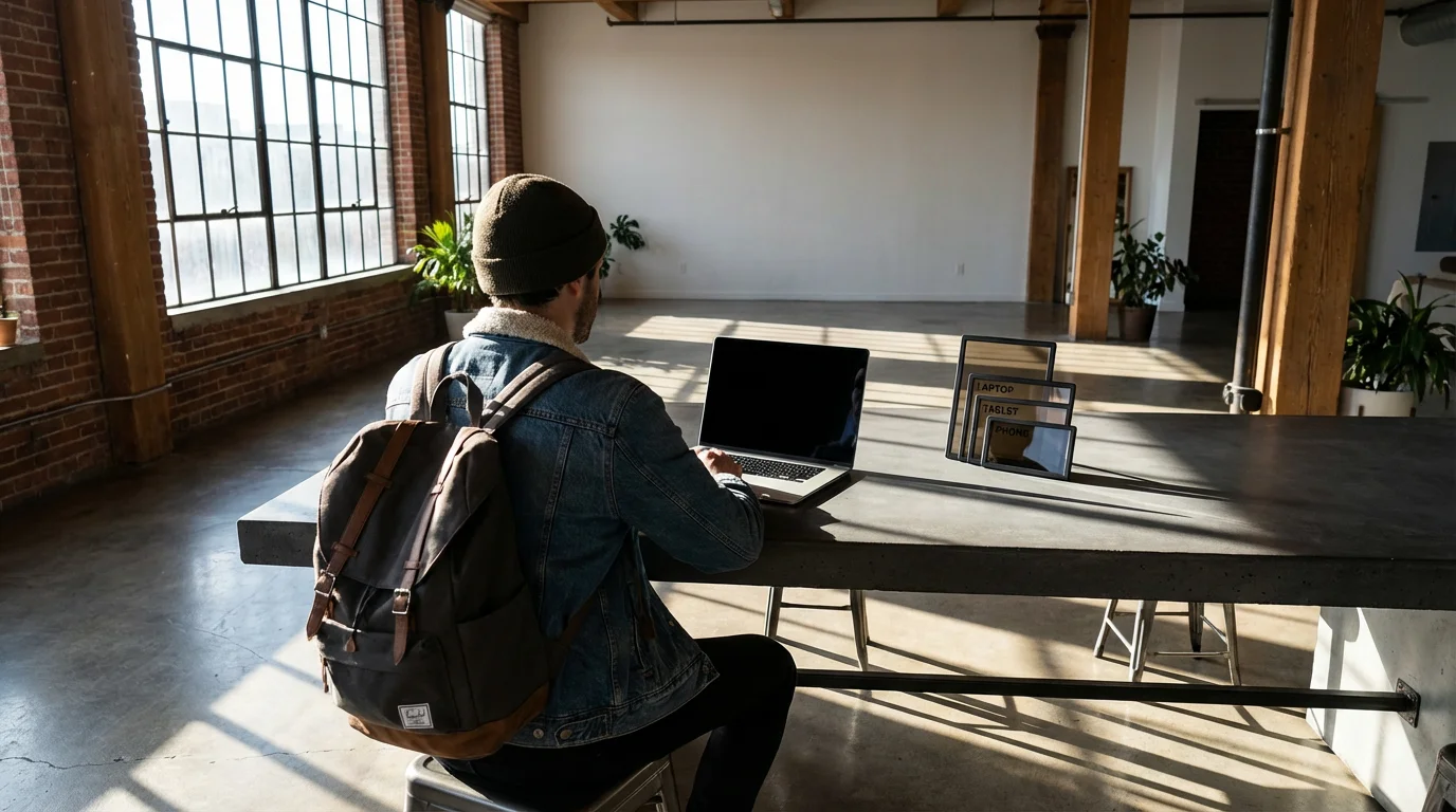 A person at a desk with a laptop and privacy screen filters in a modern loft.