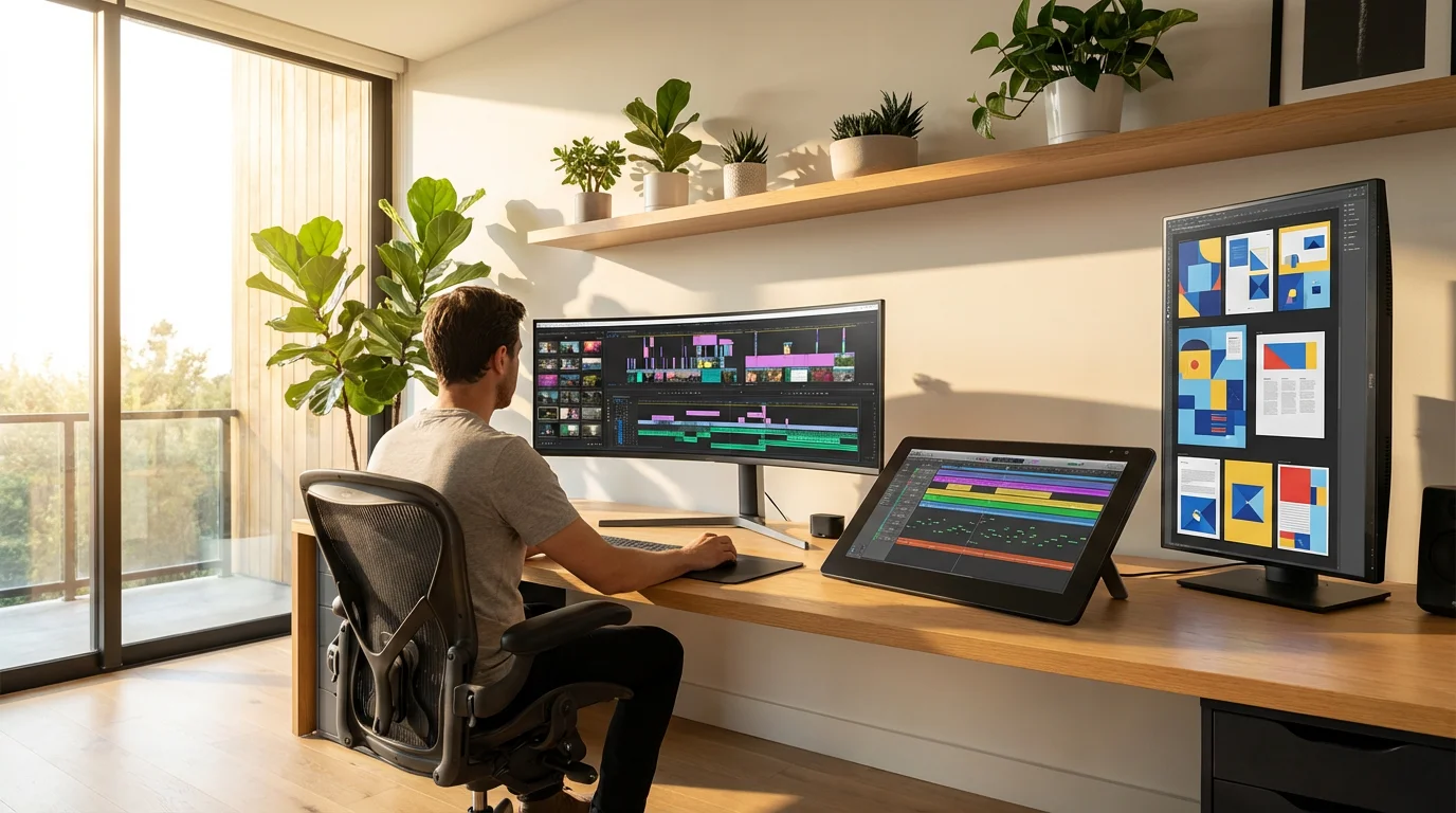 A person at a desk with multiple monitors displaying video, documents, and music files.
