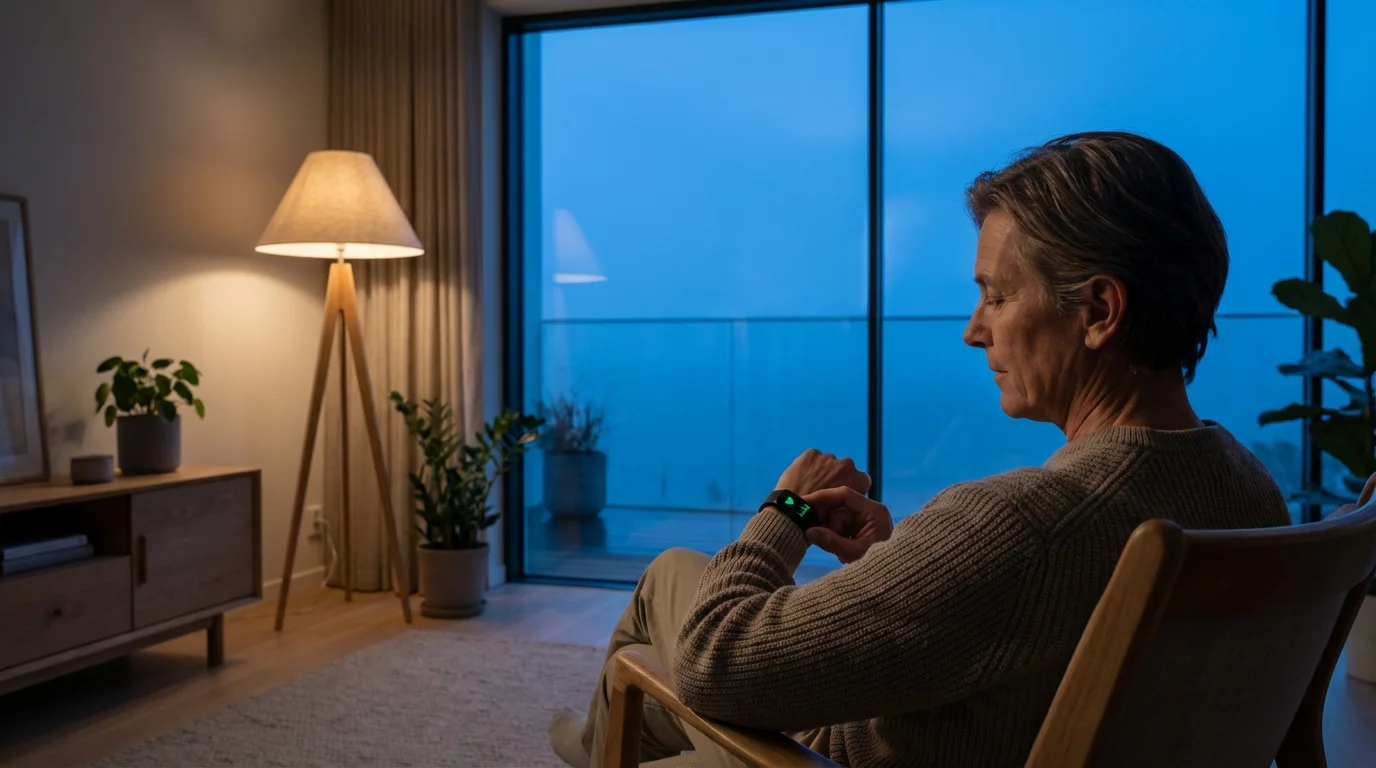 A person at dusk sitting in their living room and checking heart health data on an activity tracker.