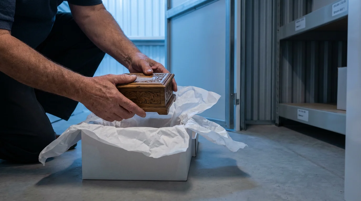 A person carefully places a small antique music box into an archival storage box.