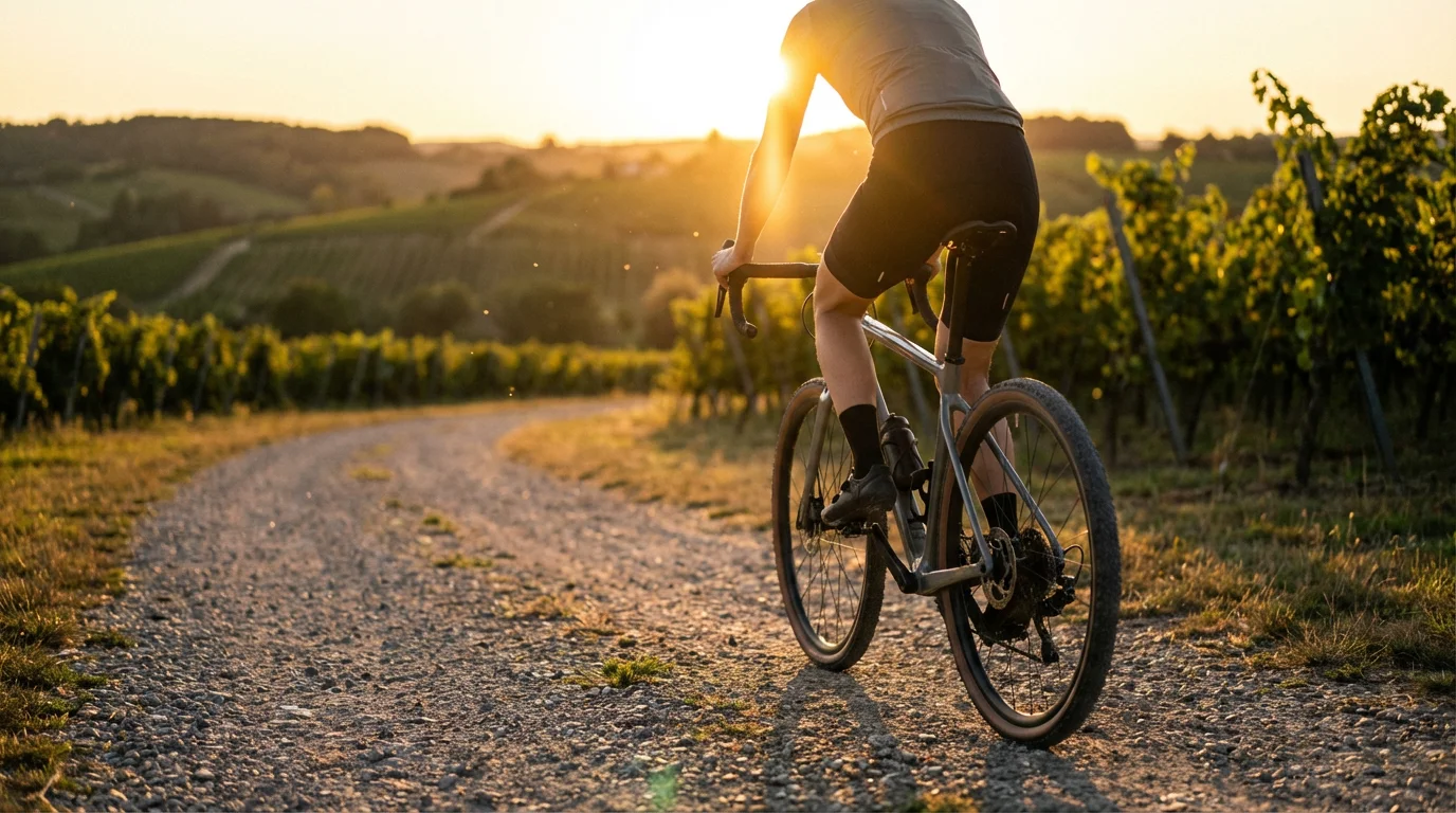 A person cycling on a path through a sun-drenched vineyard at golden hour.