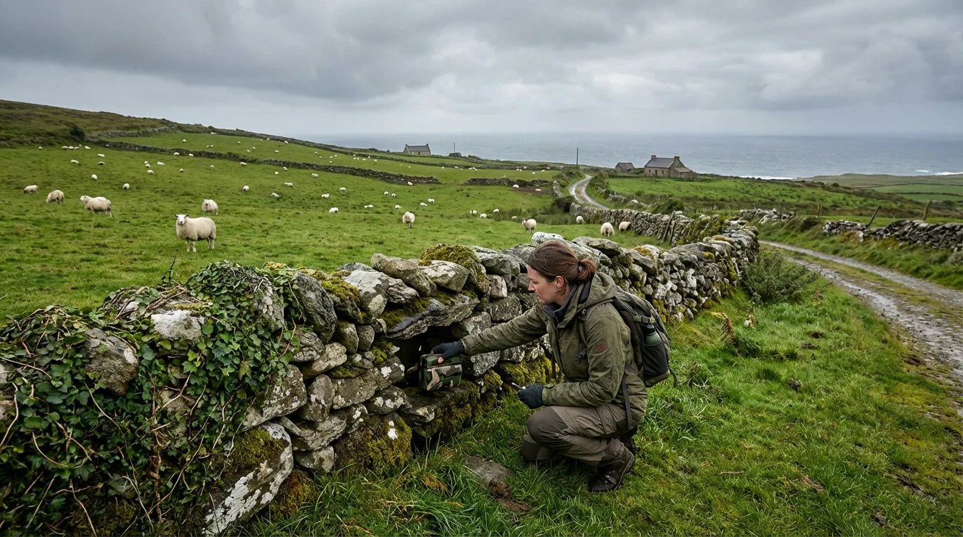A person geocaching, reaching into a crevice in an old stone wall amidst rolling green hills.