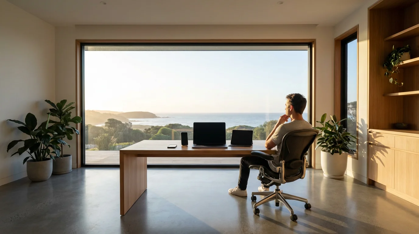 A person in a modern home office looking out a window, ignoring their devices.