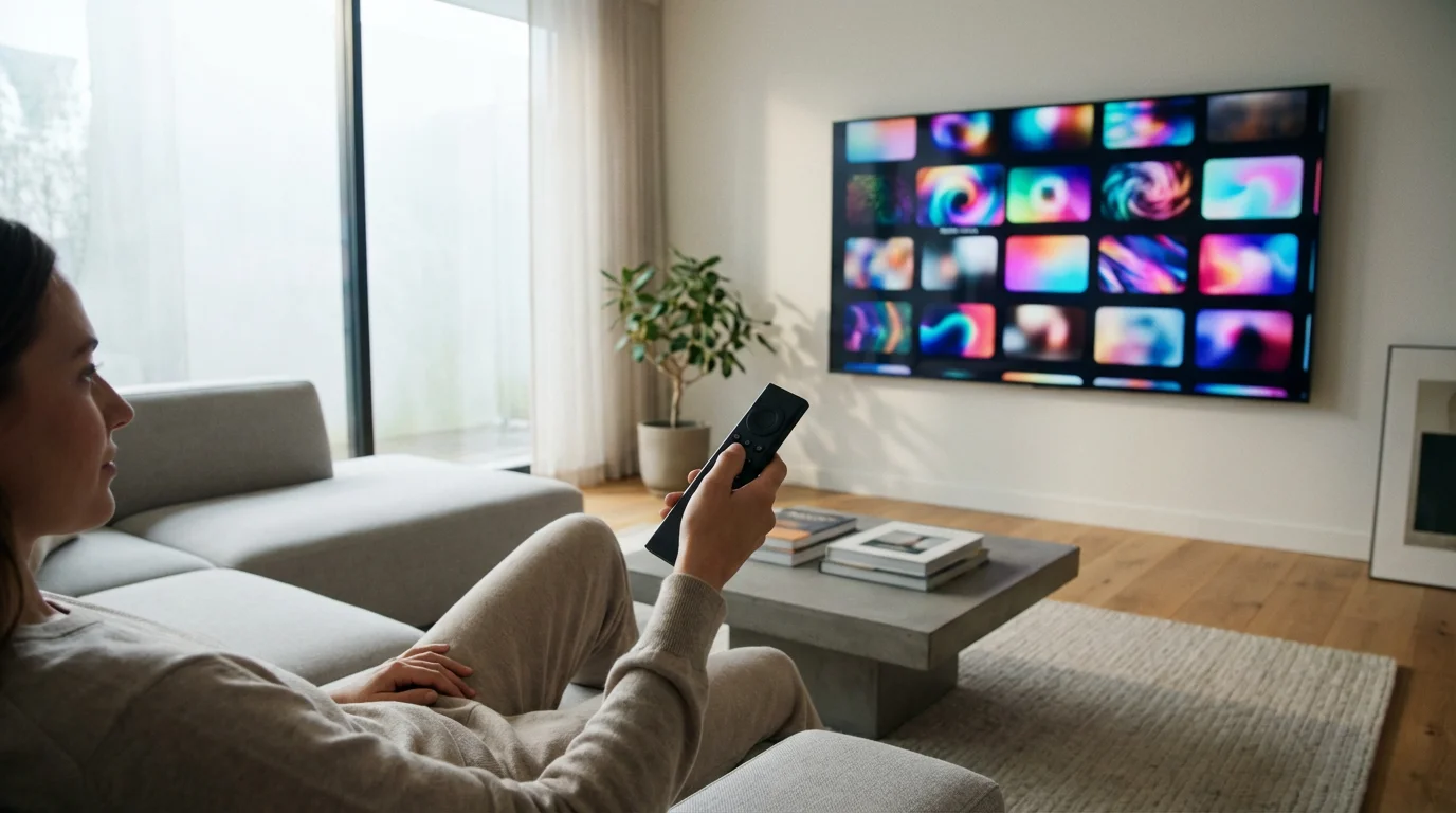 A person in a modern living room uses a remote to browse streaming media choices.