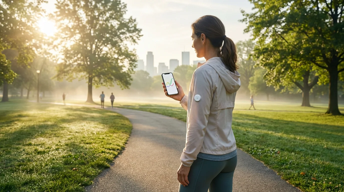 A person in a park checking a glucose graph on their phone during a morning run.