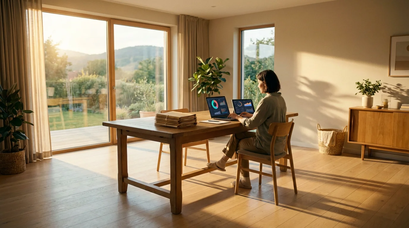 A person manages digital health records on a laptop and tablet in a bright home office.