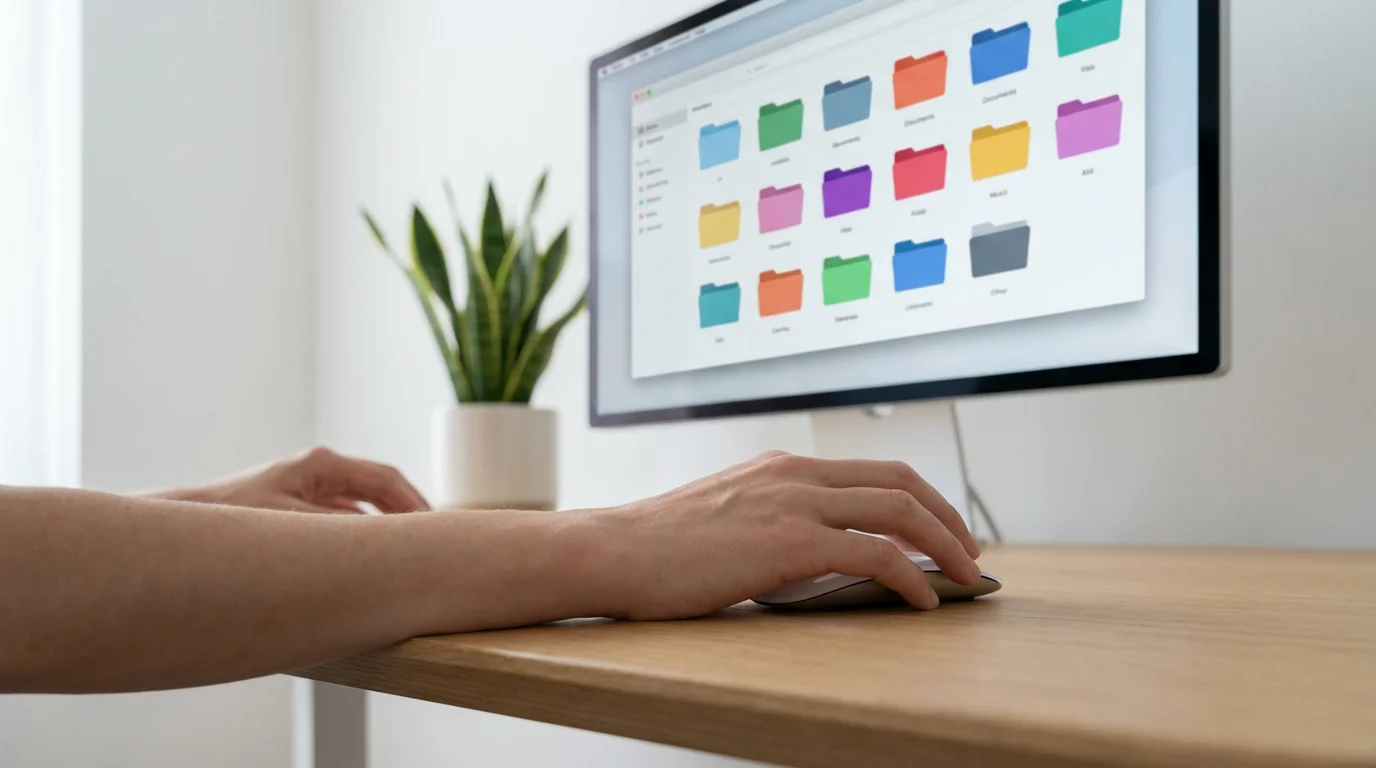 A person organizes abstract digital file icons on a computer from a low angle.