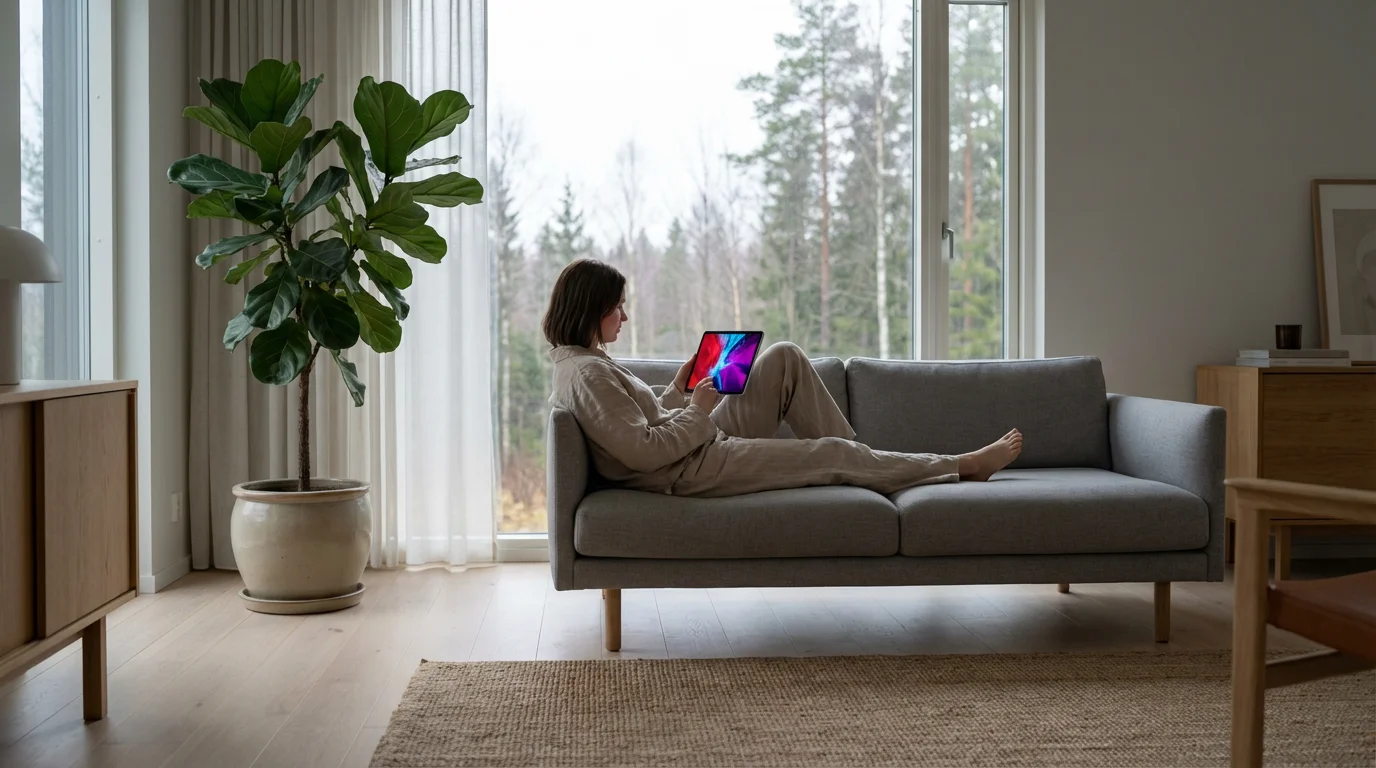 A person relaxes on a modern sofa using a tablet in a bright living room.
