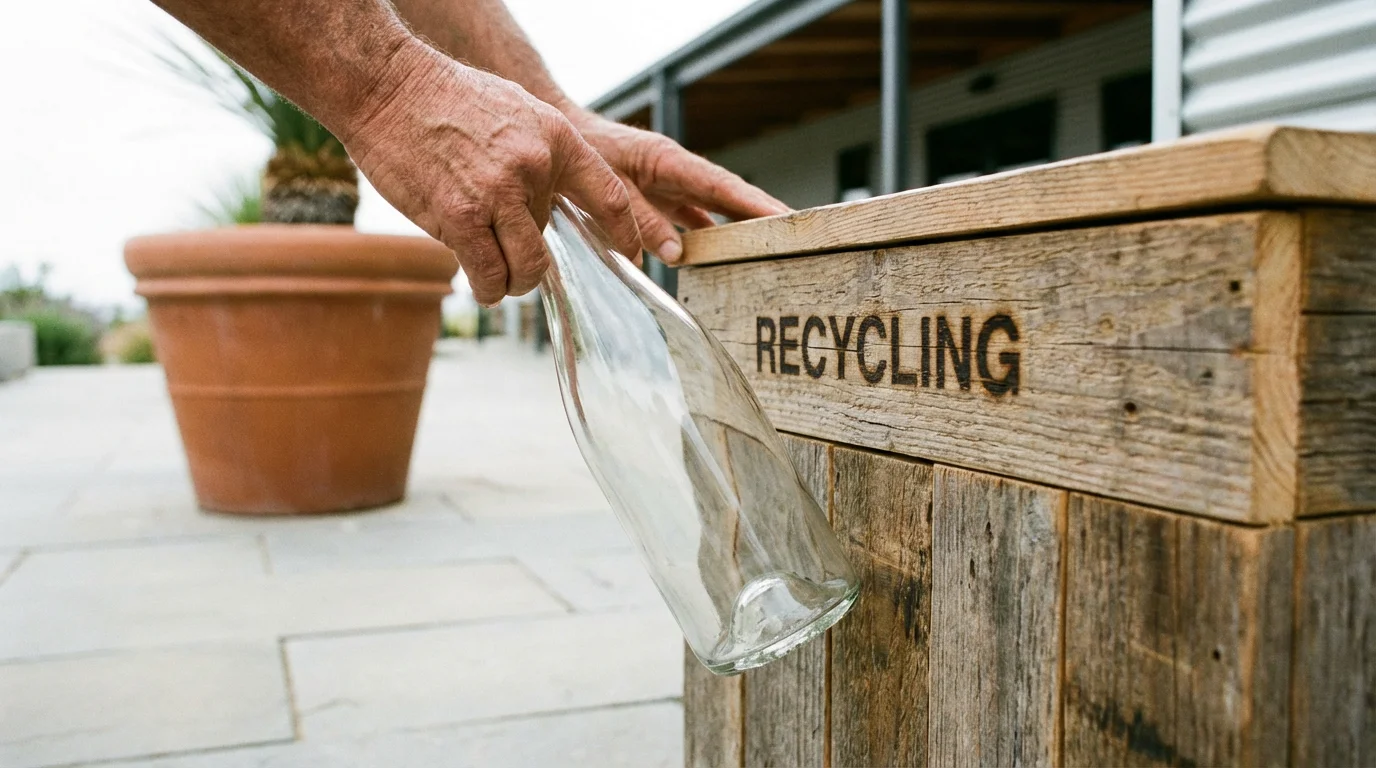A person responsibly recycling an empty wine bottle at a sustainable winery patio.