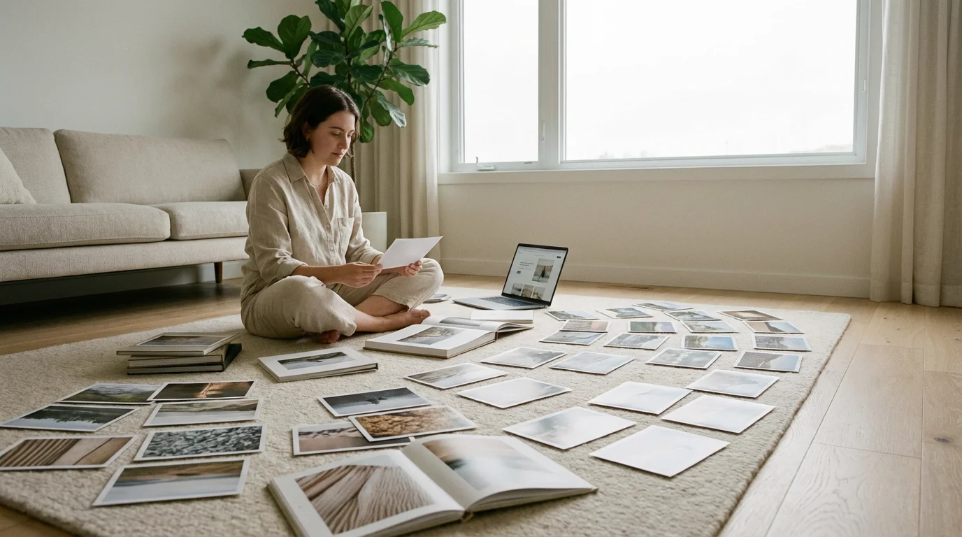 A person sits on a living room floor arranging physical photographs for their website.