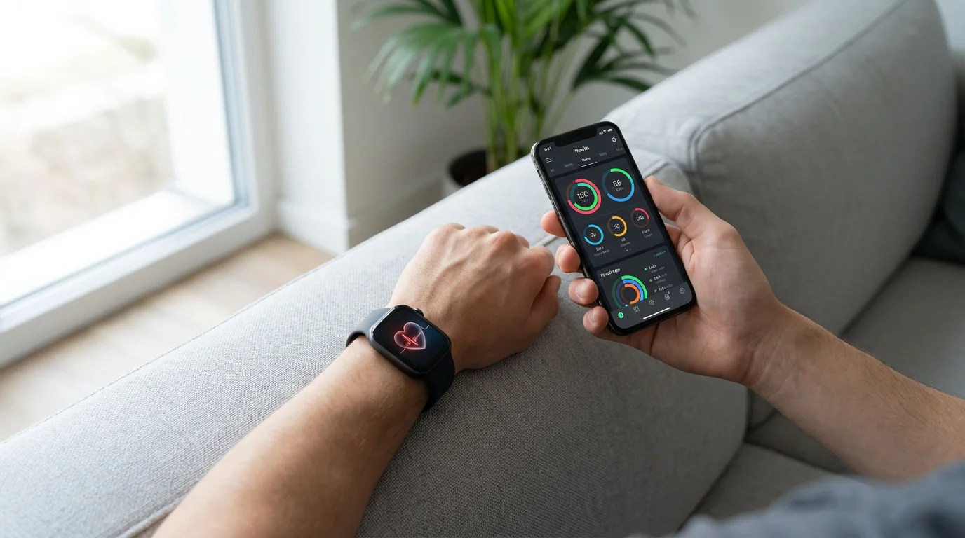 A person syncing health data from a smartwatch to a health app on a smartphone.