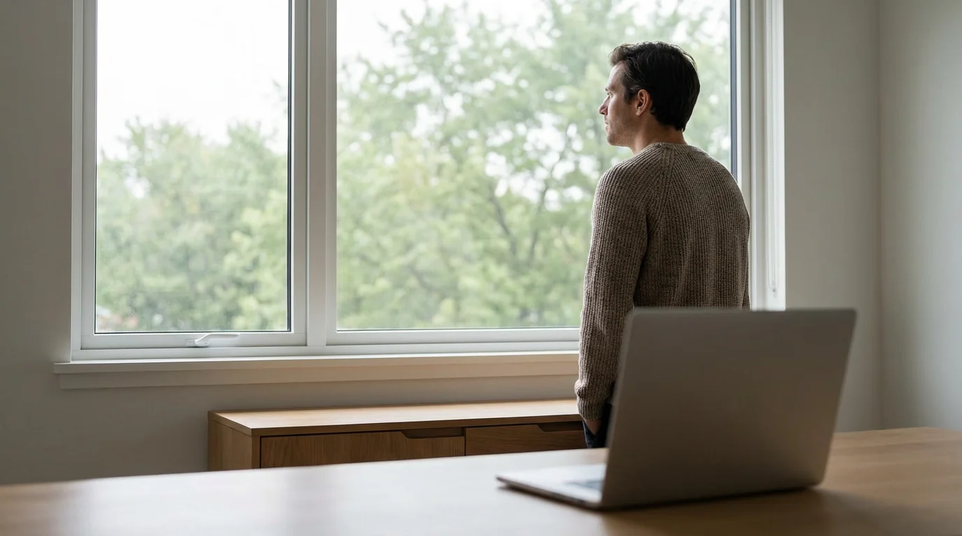 A person taking a screen break, looking out a window from their modern home office.