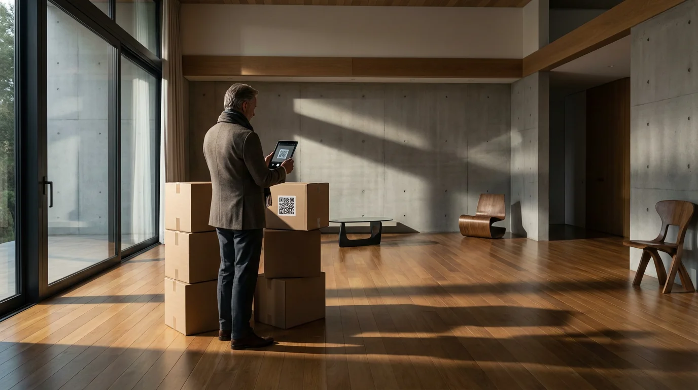 A person uses a tablet to scan a QR code on a moving box.