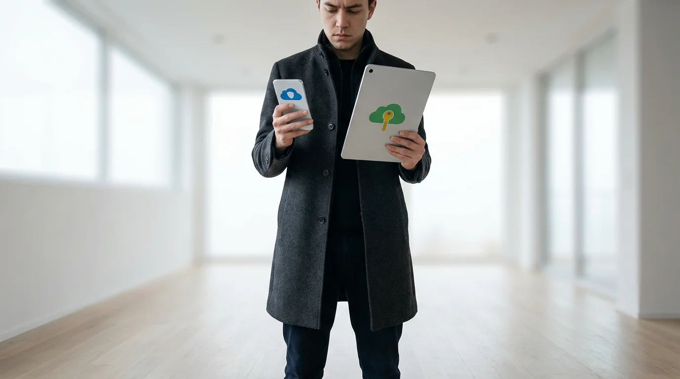 A person viewed from a low angle comparing two different cloud storage options on devices.