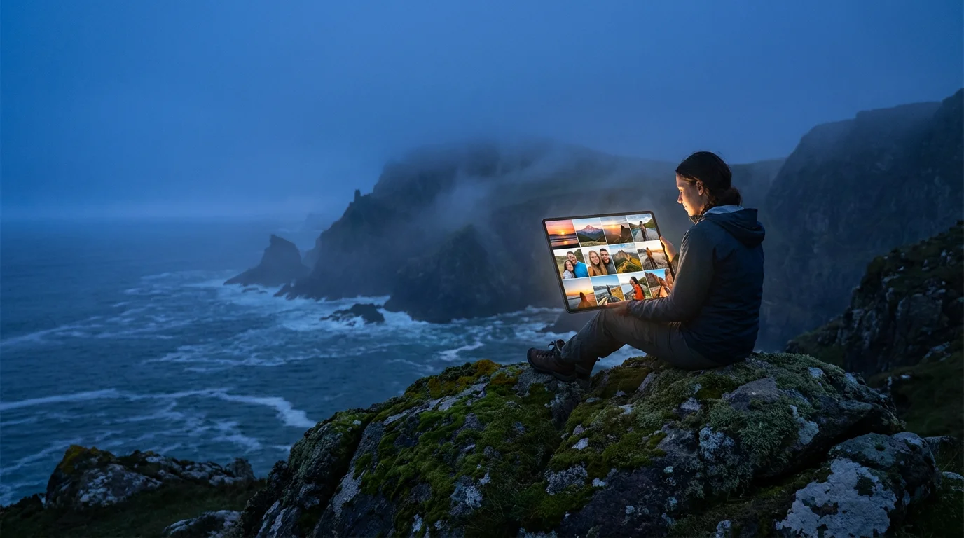 A person views photos on a glowing tablet at a coastal overlook during blue hour.