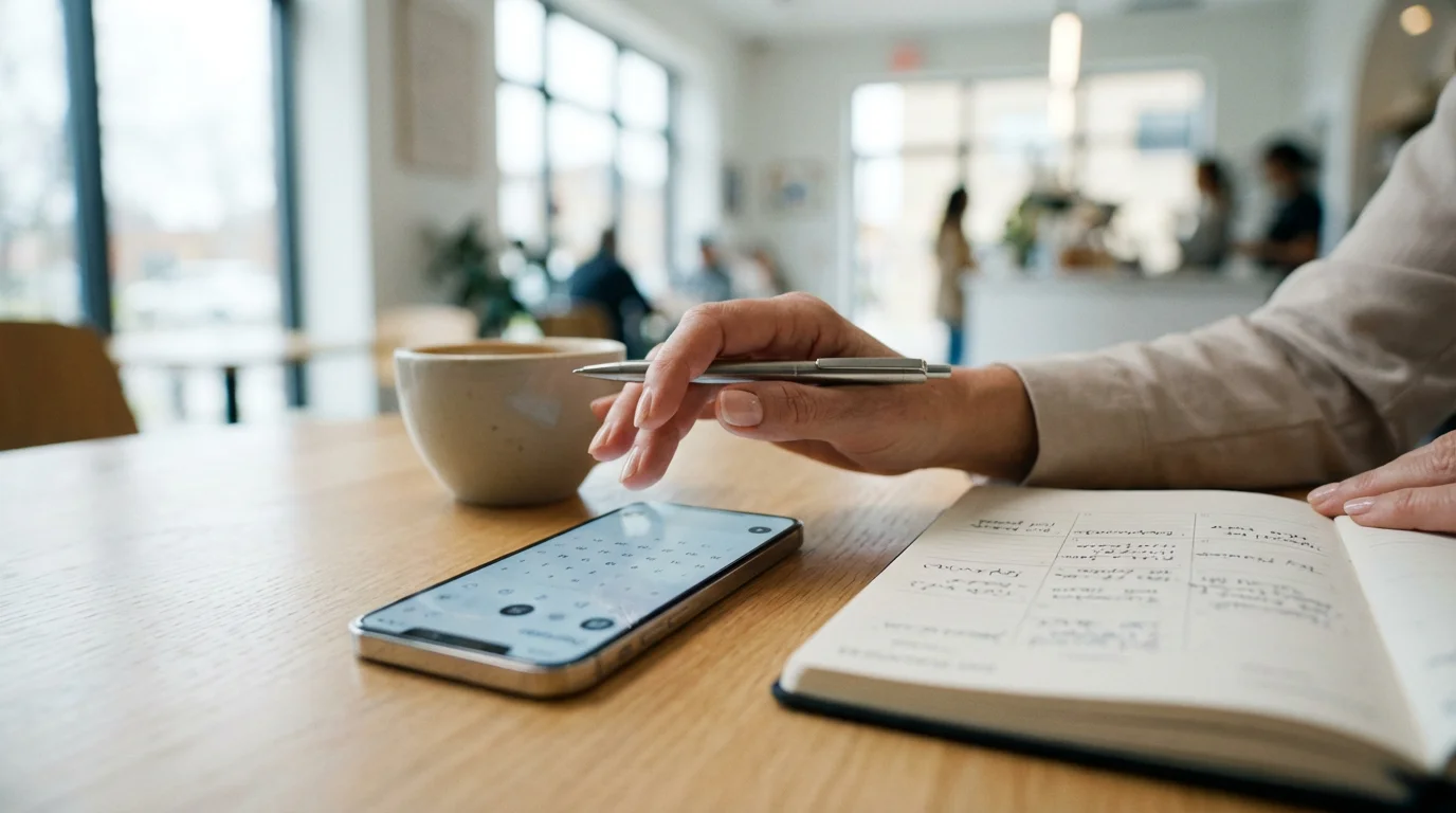 A person's hand holding a pen over a planner and smartphone on a table.