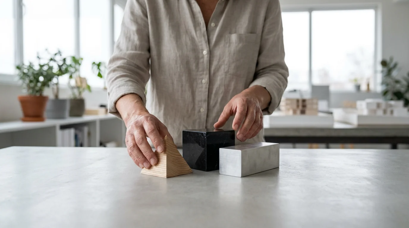 A person's hands arranging minimalist blocks of wood and stone on a concrete table.
