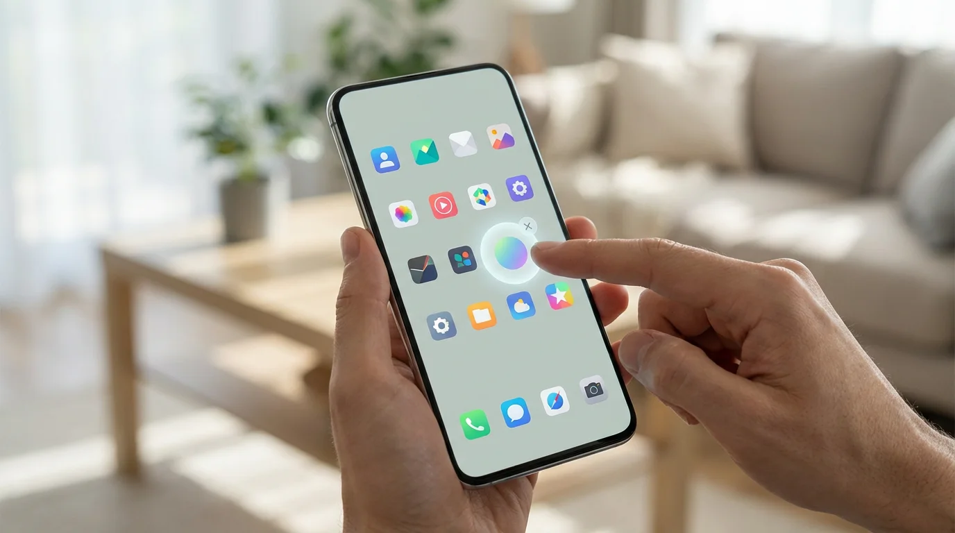 A person's hands holding a smartphone, organizing and deleting minimalist app icons on screen.