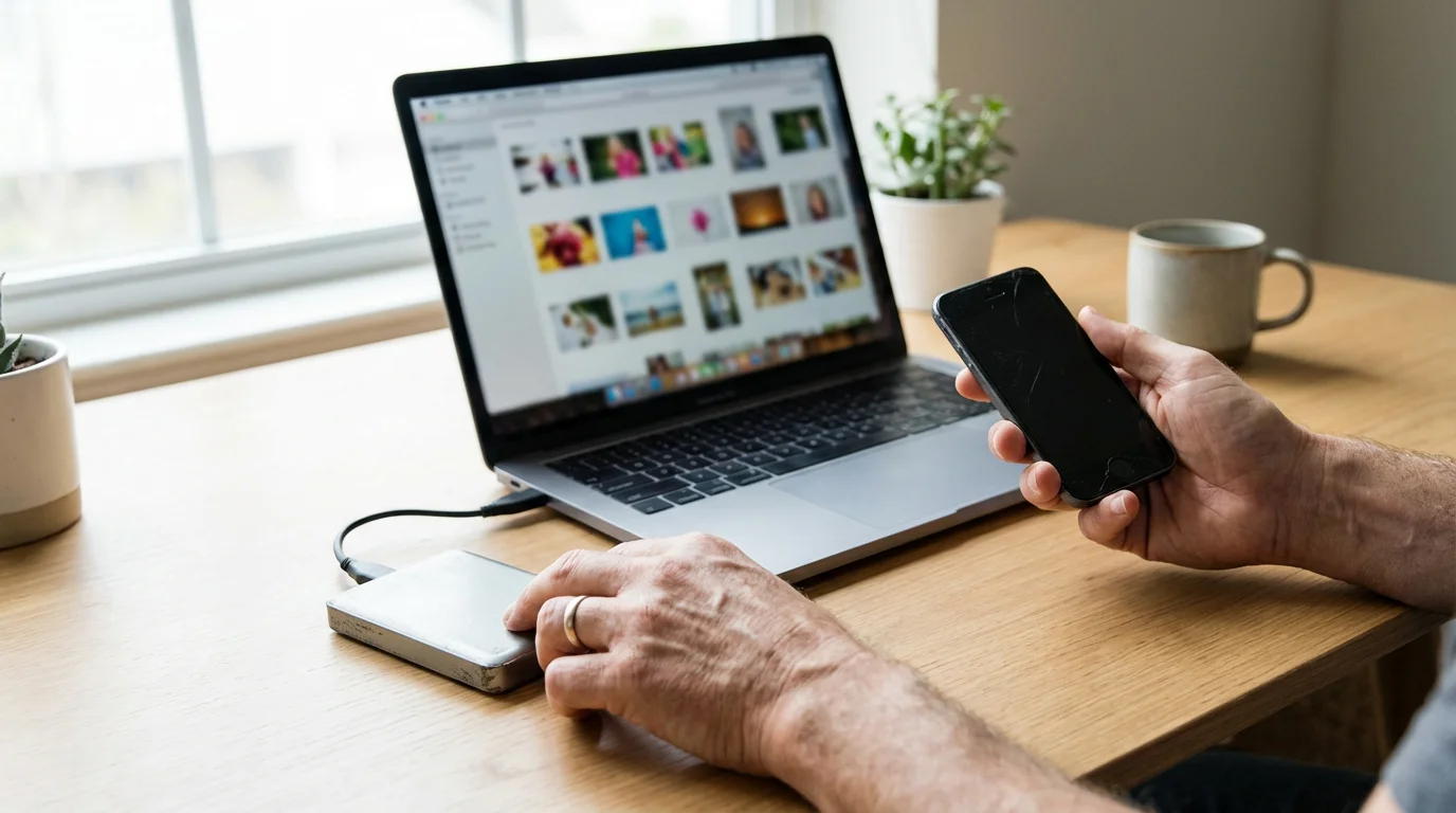 A person's hands organizing digital files from a hard drive and phone onto a laptop.
