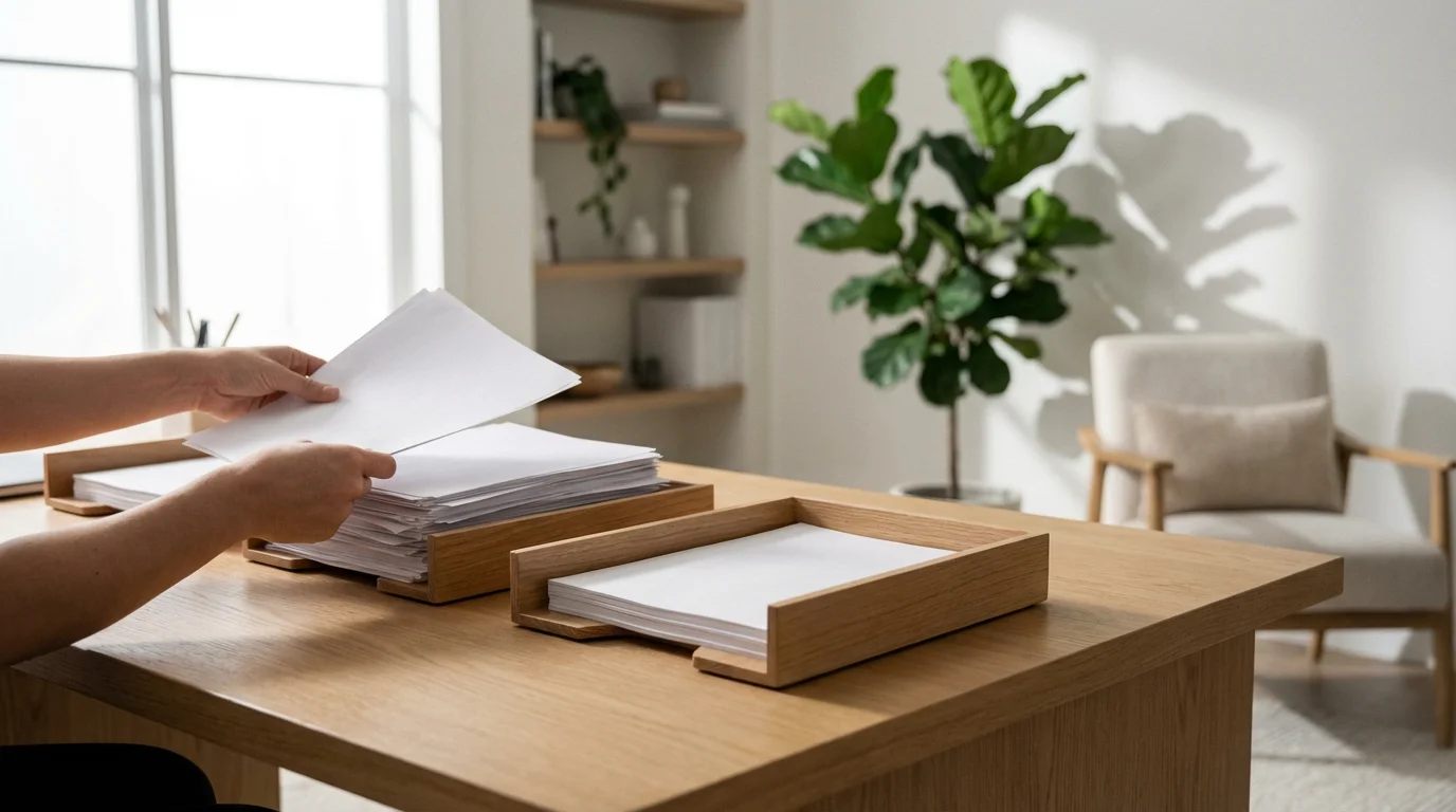 A person's hands sorting papers into organizer trays on a clean, sunlit wooden desk.