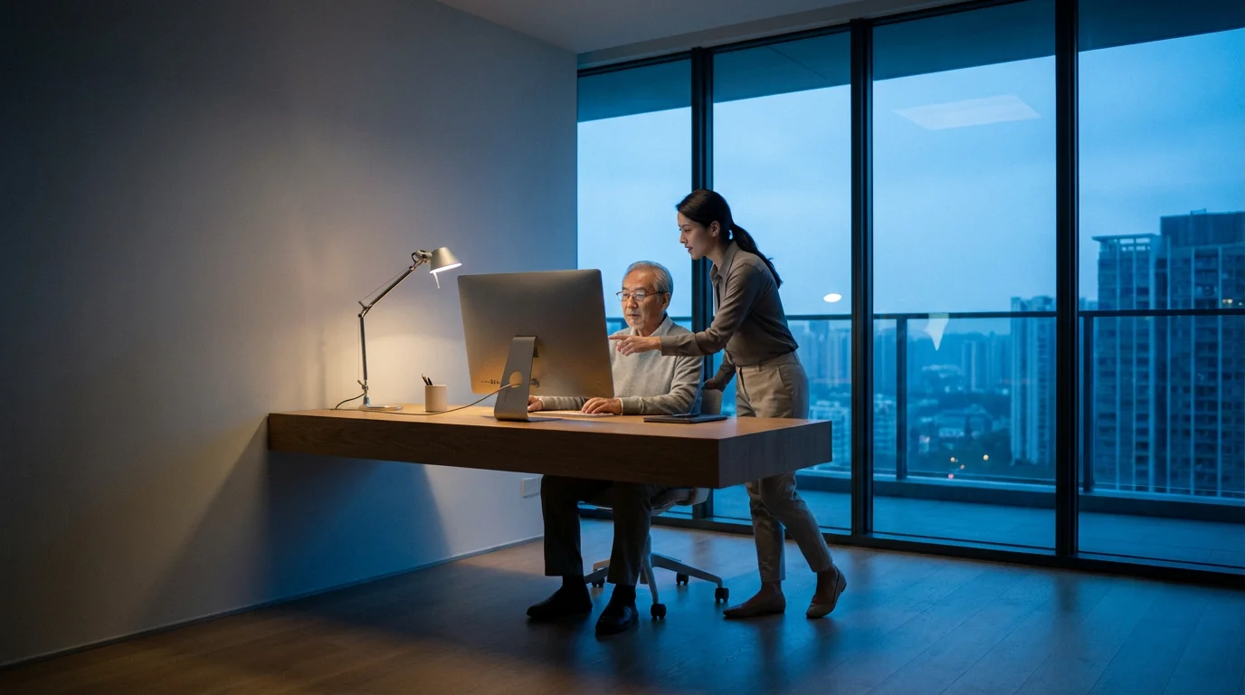 A professional technician assists a senior man with his desktop computer at home.