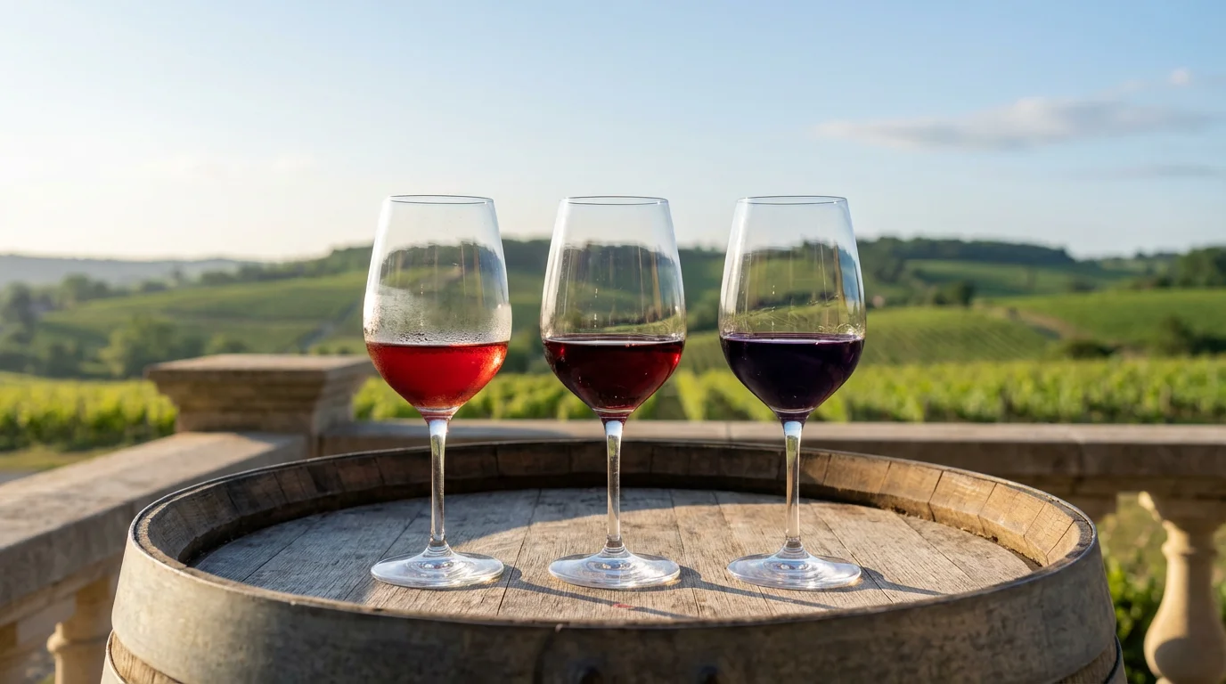 A red wine tasting flight in three glasses overlooking a scenic, sunlit vineyard.