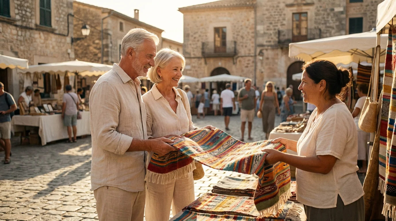 A retired couple admiring hand-woven textiles at a sunny, local European artisan market.