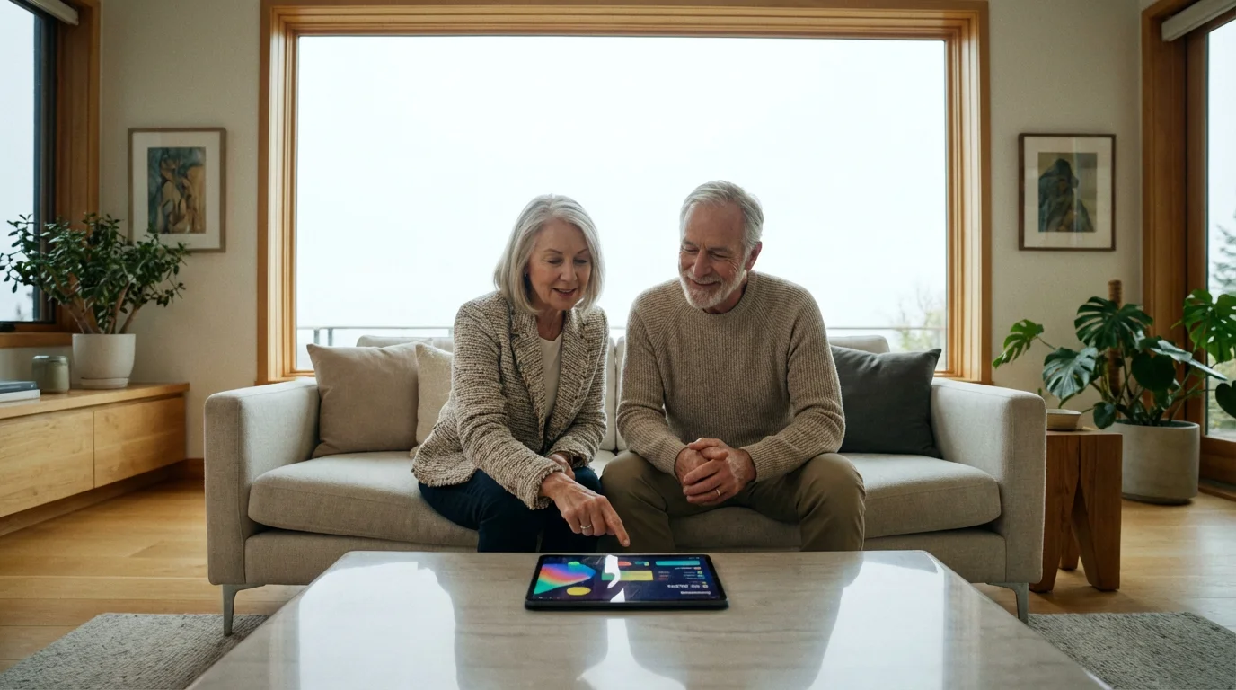 A retired couple happily planning their budget on a tablet in their bright home.