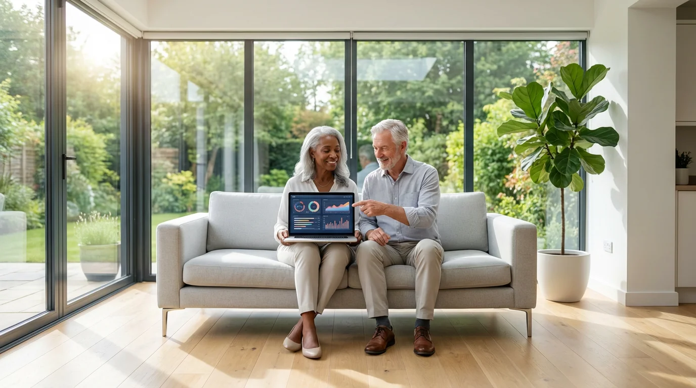 A retired couple in a bright sunroom uses a laptop to plan their finances.