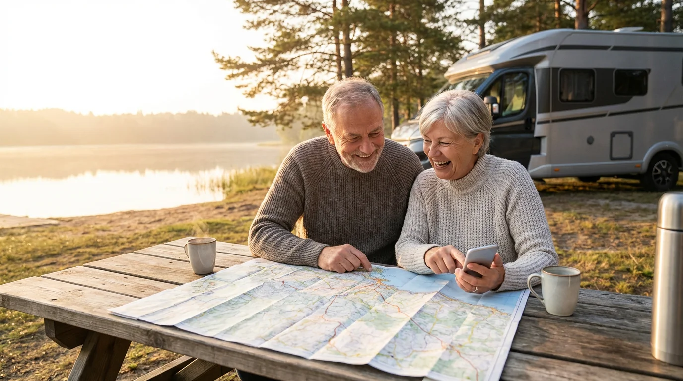A retired couple planning their RV trip with a map and smartphone at a lakeside campsite.