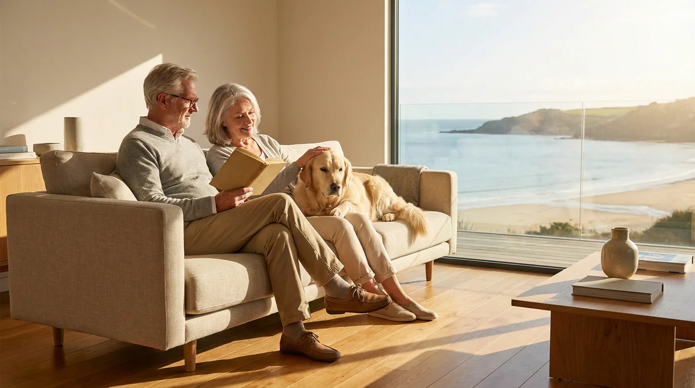A retired couple relaxing with their dog in a beautiful, sunlit modern living room.
