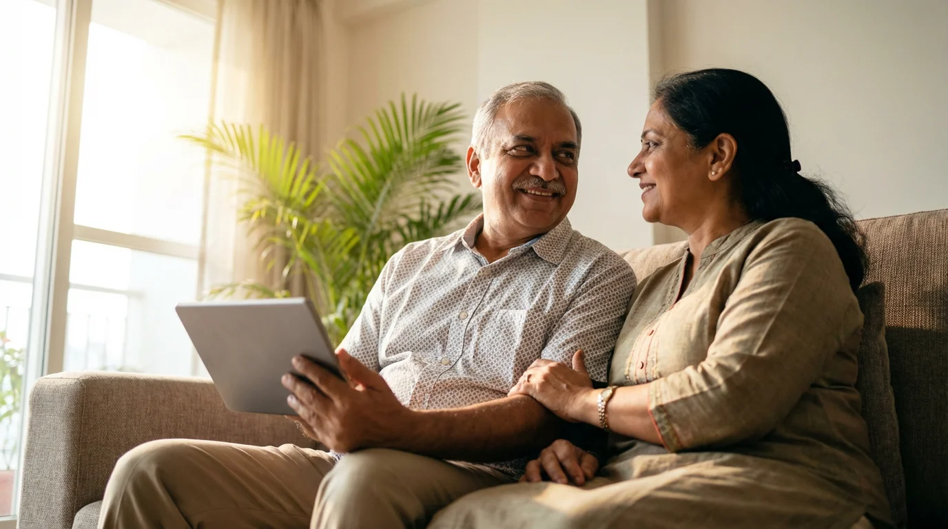 A retired couple smiling at each other on a sofa while holding a tablet.