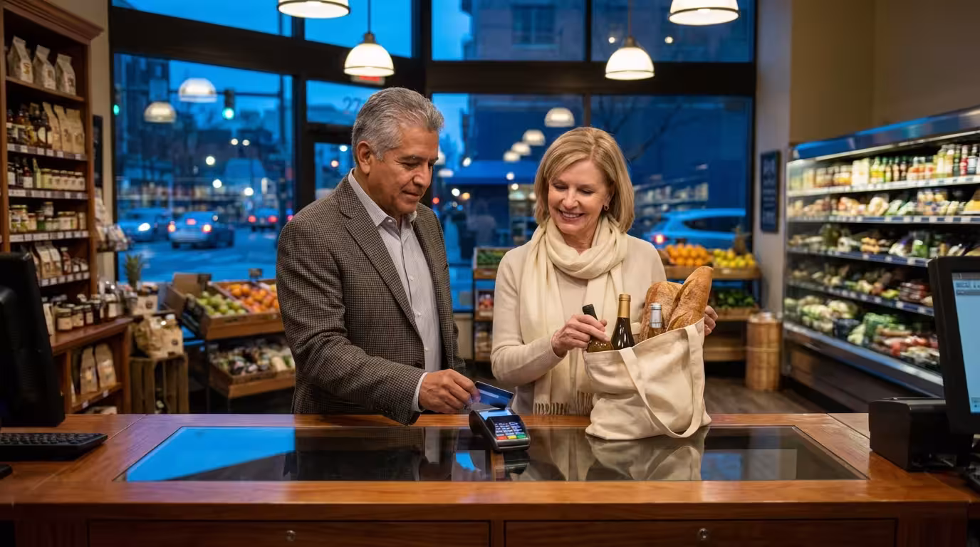 A retired couple uses a credit card to pay for groceries at an upscale market.
